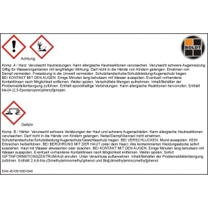 Produktetikett des Boldt 2-K-Epoxyklebers Steel Maxx mit Warnhinweisen und Gefahrensymbolen für Lackreparatur.