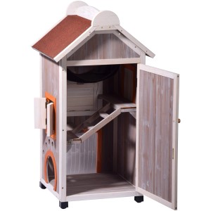 Katzenhaus Fancy Cat aus Holz mit rotem Dach, offen, für drinnen & draußen.