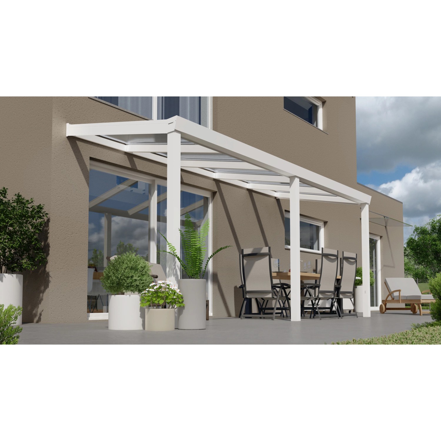 Weiße Terrassenüberdachung Professional (500x200 cm) mit klarer Polycarbonat-Platte.