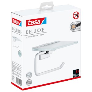 Verpackung des Tesa Toilettenpapierhalters Deluxxe mit Ablage aus Chrom und Glas.