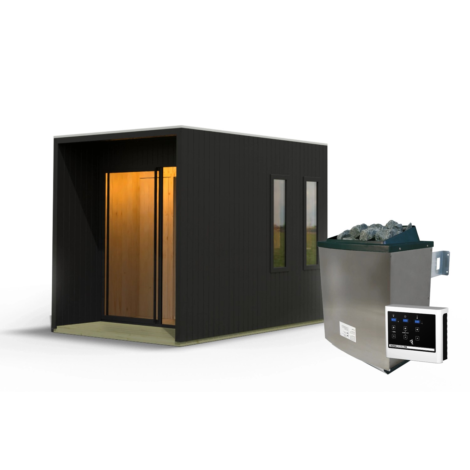Karibu Saunahaus Alassio, schwarze Holzfassade mit Saunaofen und externer Steuerung.