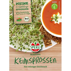 Samenpackung Keimsprossen Brokkoletti von Sperli mit Serviervorschlag (Suppe und Brot).