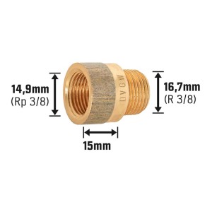 Hahnverlängerung aus Rotguss, 14,9 mm x 16,7 mm, 15 mm Länge für Gewindefittings.