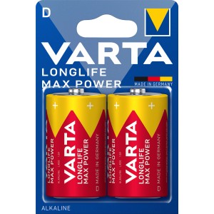 Varta Longlife Max Power D Batterien, 2er-Pack. Alkali-Batterien für Geräte wie Taschenlampen.