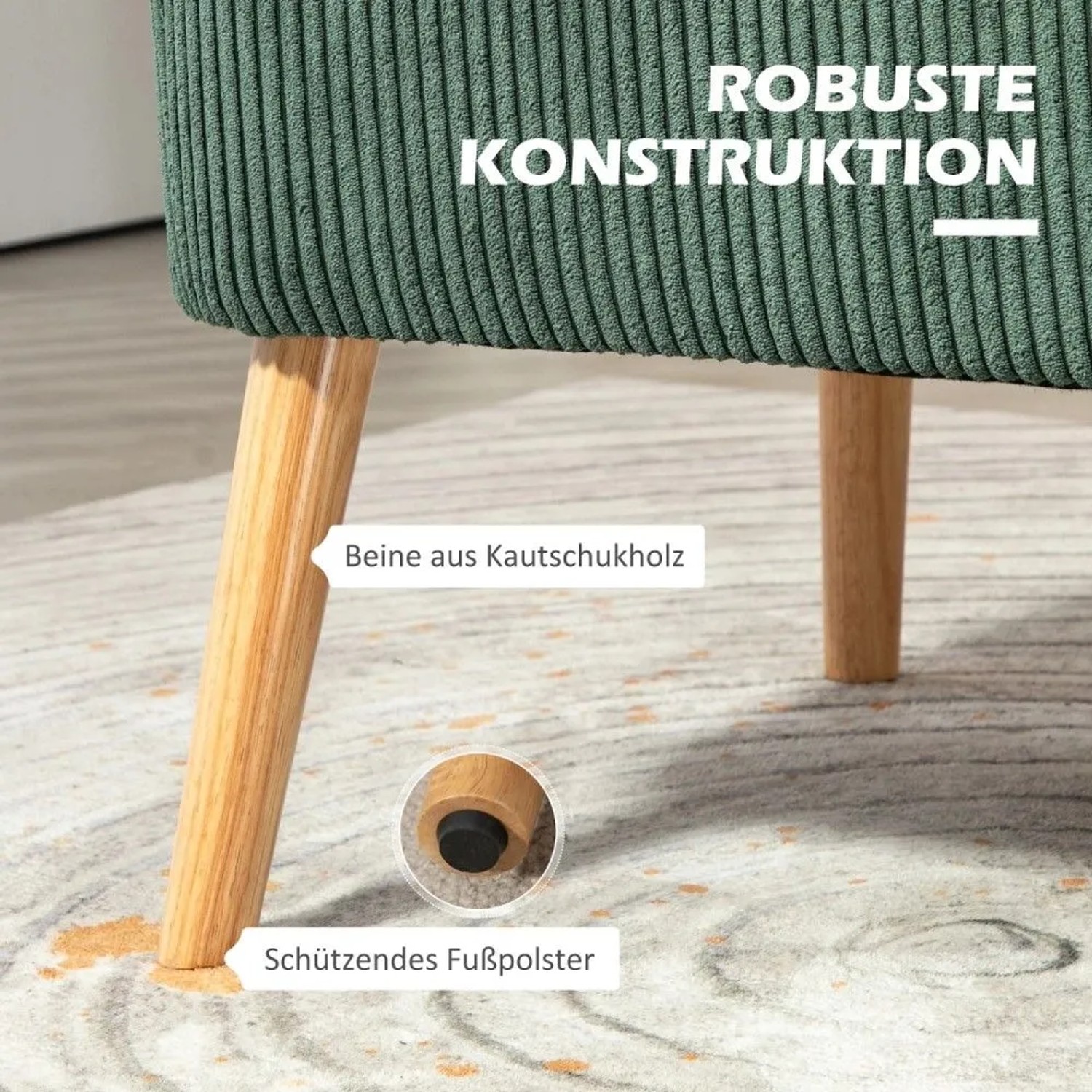 Grünes HOMCOM 2-Sitzer Sofa mit robusten Kautschukholzbeinen und schützenden Fußpolstern auf Teppich.