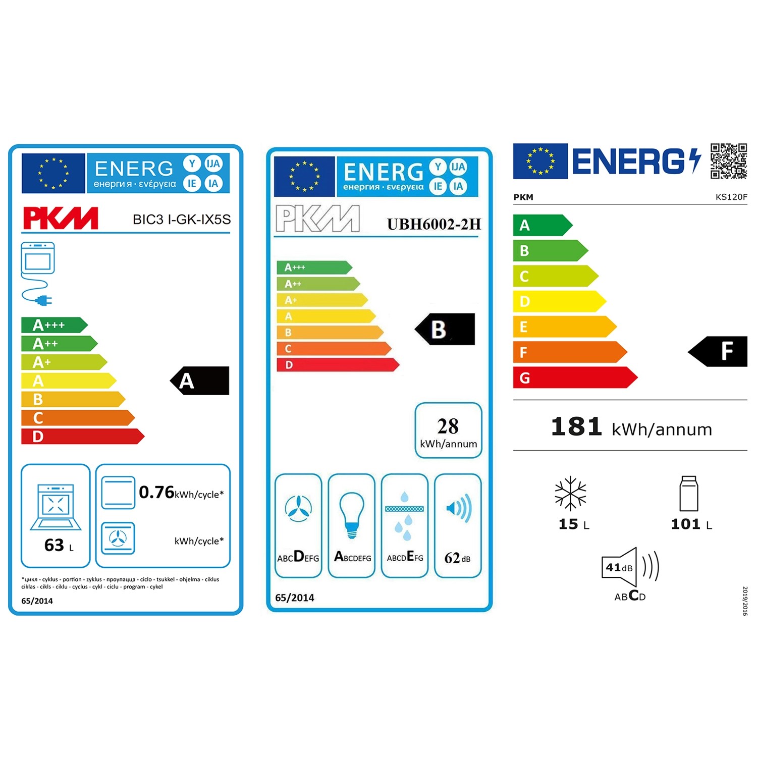 Energieeffizienzlabel für PKM Backofen, Dunstabzugshaube und Kühlschrank.