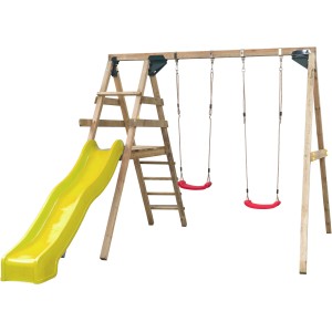 SwingKing Doppelschaukel Celina mit gelber Rutsche und zwei roten Schaukeln.