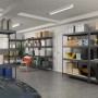 Anthrazitfarbenes Ar Shelving Schwerlast-Steckregal (180x120x45cm) mit vier Böden im Einsatz.