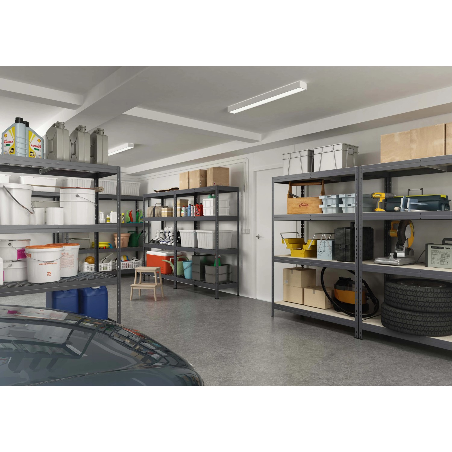 Anthrazitfarbenes Ar Shelving Schwerlast-Steckregal (180x120x45cm) mit vier Böden im Einsatz.