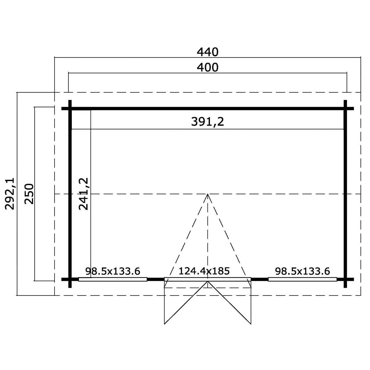 Grundriss Gartenhaus Kensington Carbongrau 400x250cm mit Maßangaben.
