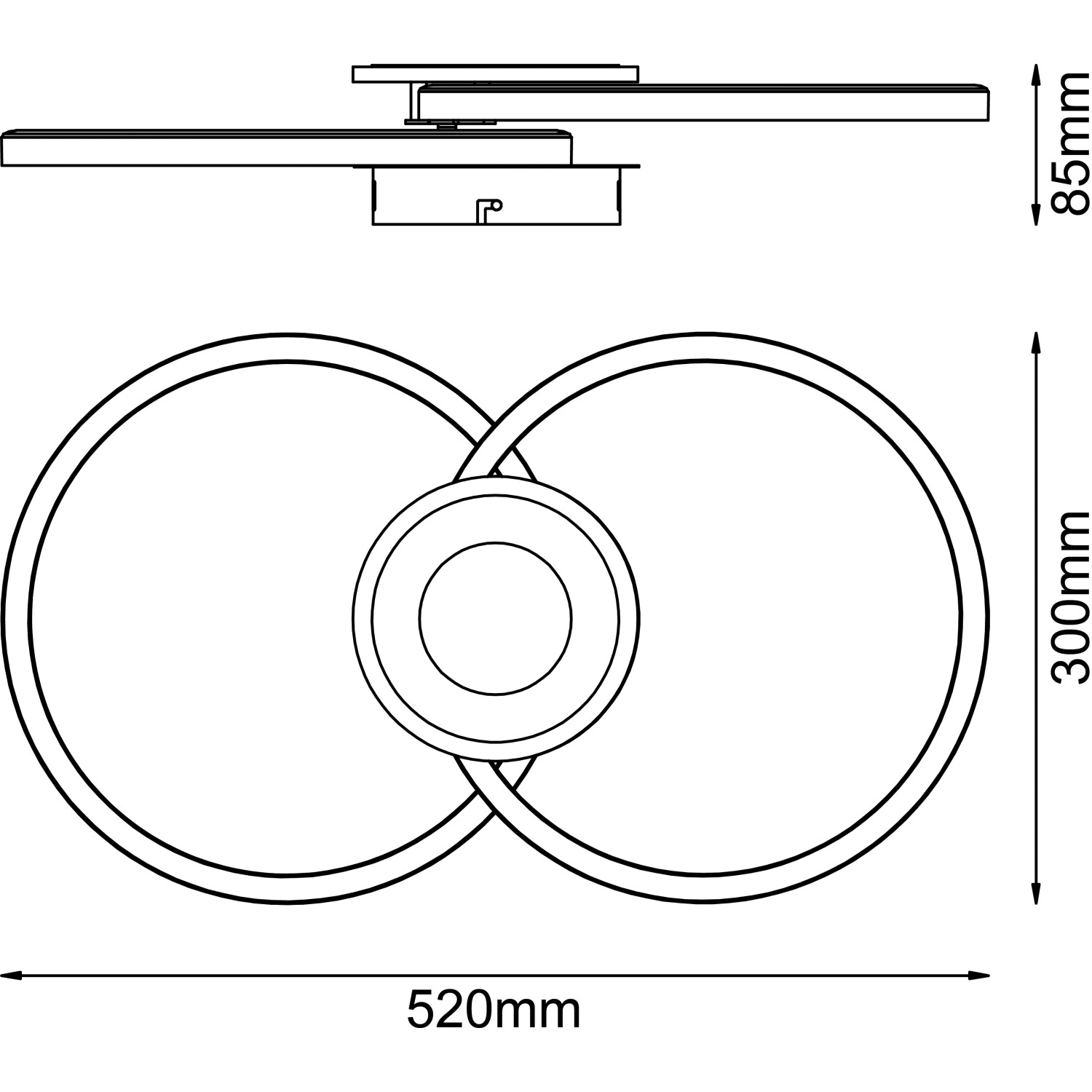 Skizze der schwarzen LED-Deckenleuchte Bray, 52x30cm, mit Maßangaben.