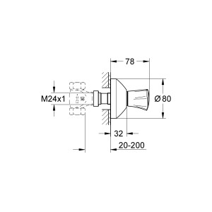 Technische Zeichnung: Grohe Costa UP-Ventil Oberbau Chrom, Maße und Details zur Installation.