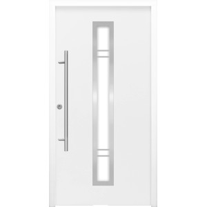 Weiße Sicherheits-Haustür ThermoSpace Palermo RC2 mit Edelstahl-Applikationen und Glasausschnitt.