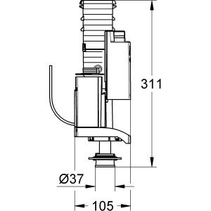 Grohe 2-Mengen Ablaufventil AV1 für WC-Spülkästen, mit Maßangaben.