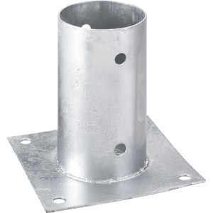 Feuerverzinkte Aufschraubhülse für Rundhölzer, 81x150x150 mm, zur Befestigung von Pfosten mit Ø 80 mm.