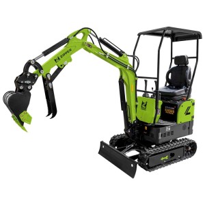 Grüner Zipper Minibagger ZI-MBG850DS5 mit Baggerschaufel, Baggerdaumen, Kabine und Gummikette für Baumaschinen.