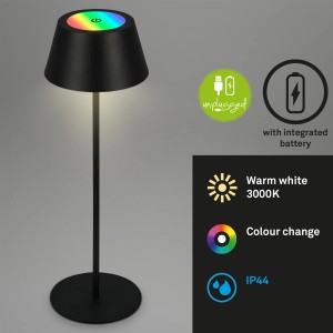 Schwarze Brilo RGB Akku-Tischleuchte, 2,6W, mit Farbwechsel und Touchbedienung. Ideal als Außen-Dekoleuchte.