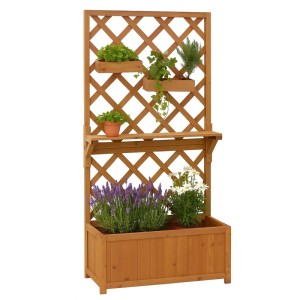 Holz Hochbeet mit Rankgitter, Ablage und Hängekästen, bepflanzt mit Blumen und Kräutern.