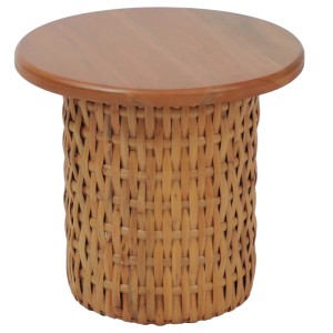 Runder Beistelltisch: Mahagoni-Tischplatte auf Rattan-Sockel, Ø44cm. Wohnzimmertisch, Ablagetisch, Nachttisch.