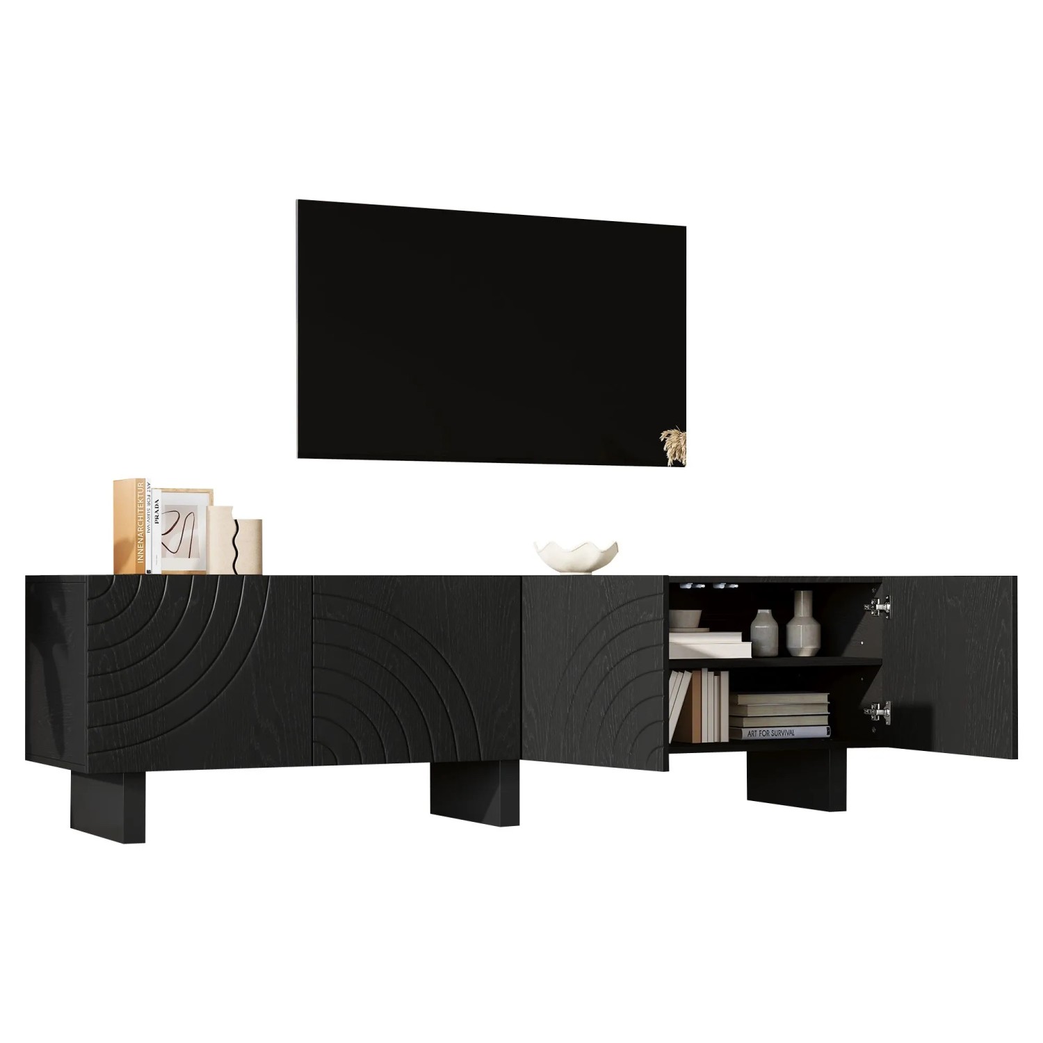 okwish TV-Bank Mit Struktur 4 Türen Wohnzimmer 180x40x55cm Schwarz_9
