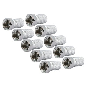 Zehn silberne F-Stecker für Koaxialkabel. Robuste Antennen-Verbindung mit gerändelter Oberfläche.