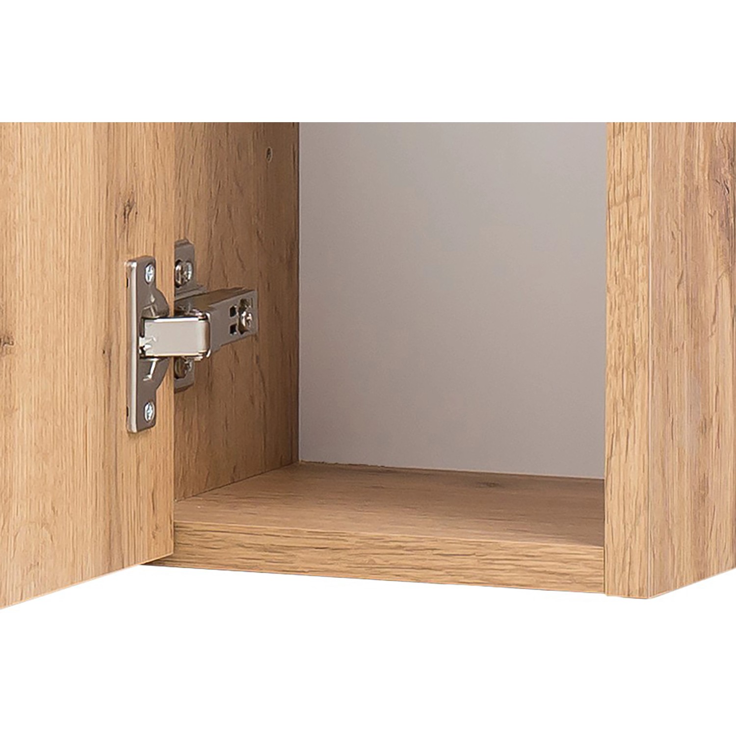 Detailaufnahme: Held Möbel Ancona Badmöbel-Set, mattgrau/Wotaneiche, Scharnier und Innenraum.