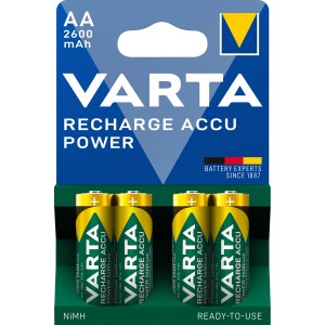Varta Recharge Akku Power Mignon AA, 2600 mAh, 4er-Pack, wiederaufladbare Batterien.