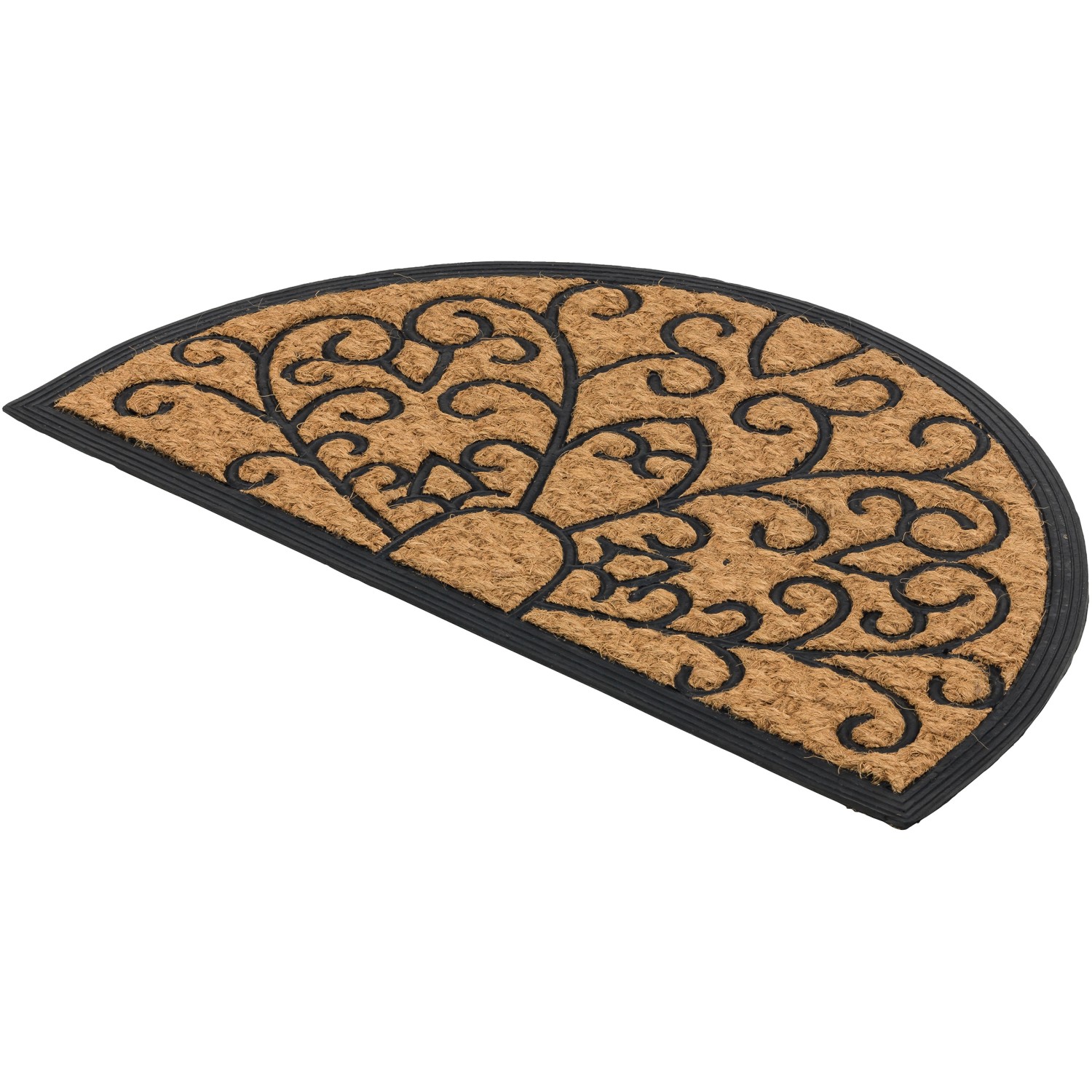 Halbrunde Fußmatte Coco Deluxe Light, 45x75 cm, mit Reliefmuster und schwarzem Rand.