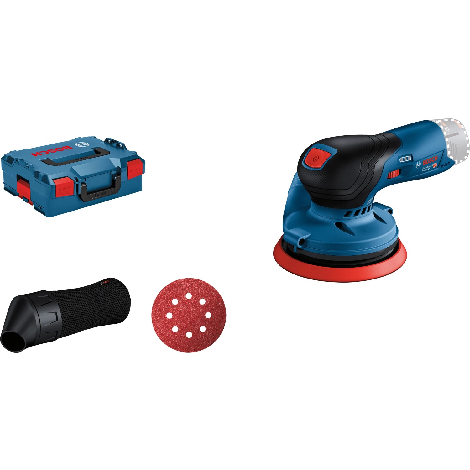 Bosch Professional GEX 12V-125 Akku-Exzenterschleifer mit L-Boxx, Schleifblatt und Staubbeutel.