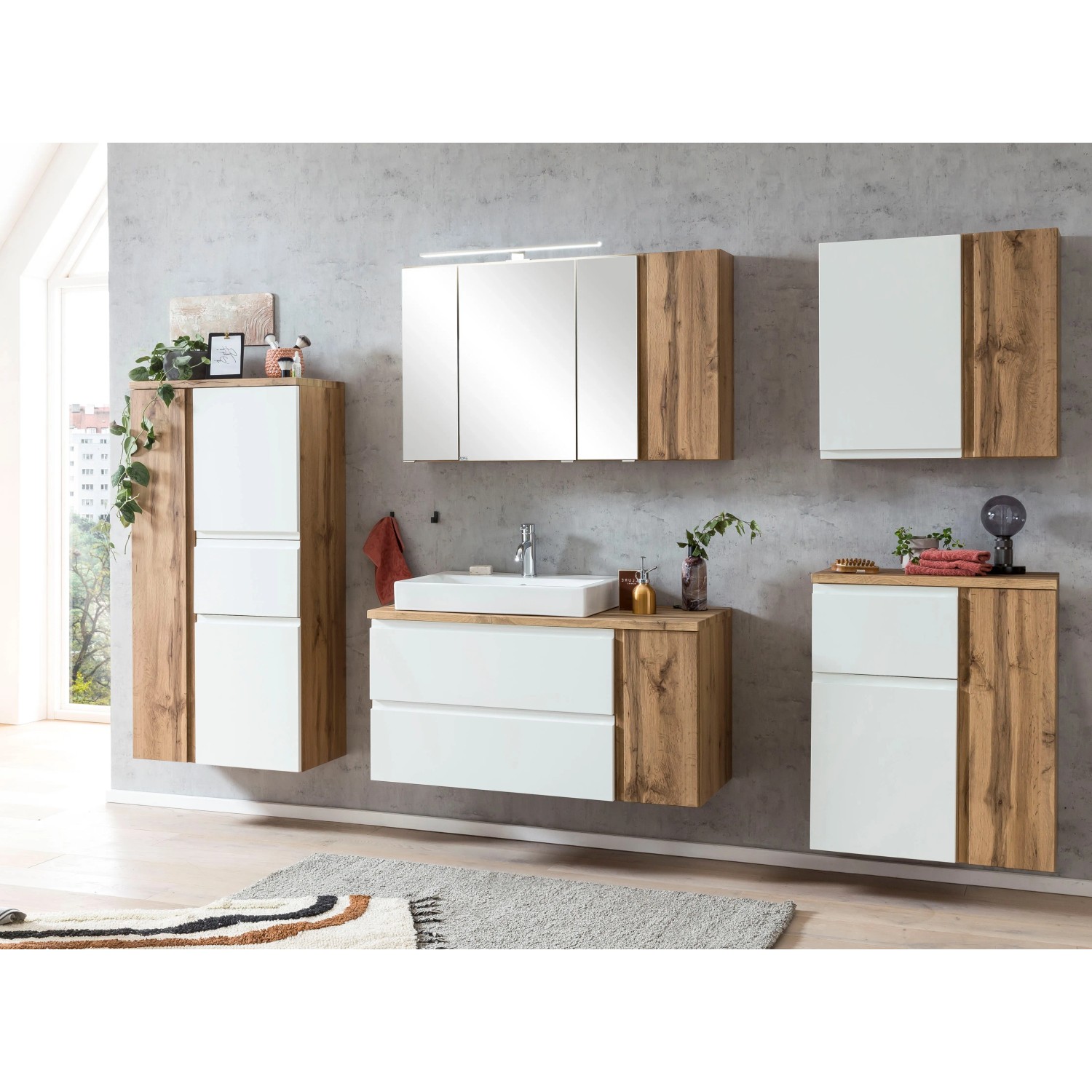 Held Möbel Badmöbel-Set Ancona, 105 cm, Weiß/Wotaneiche, mit Waschtisch links und Spiegelschrank.