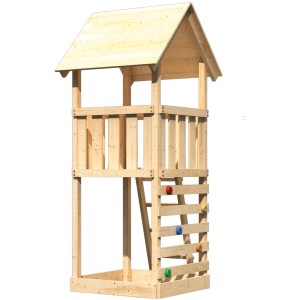 Karibu Spielturm Lotti mit Kletterwand Eco aus Holz, naturbelassen.
