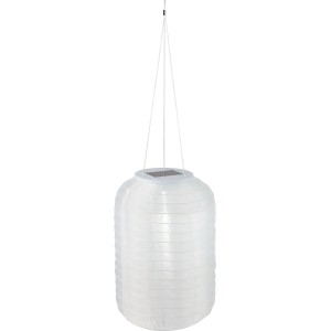 Weiße Solar-Laterne (Ø 20 cm) aus Textil mit LED, hängend.