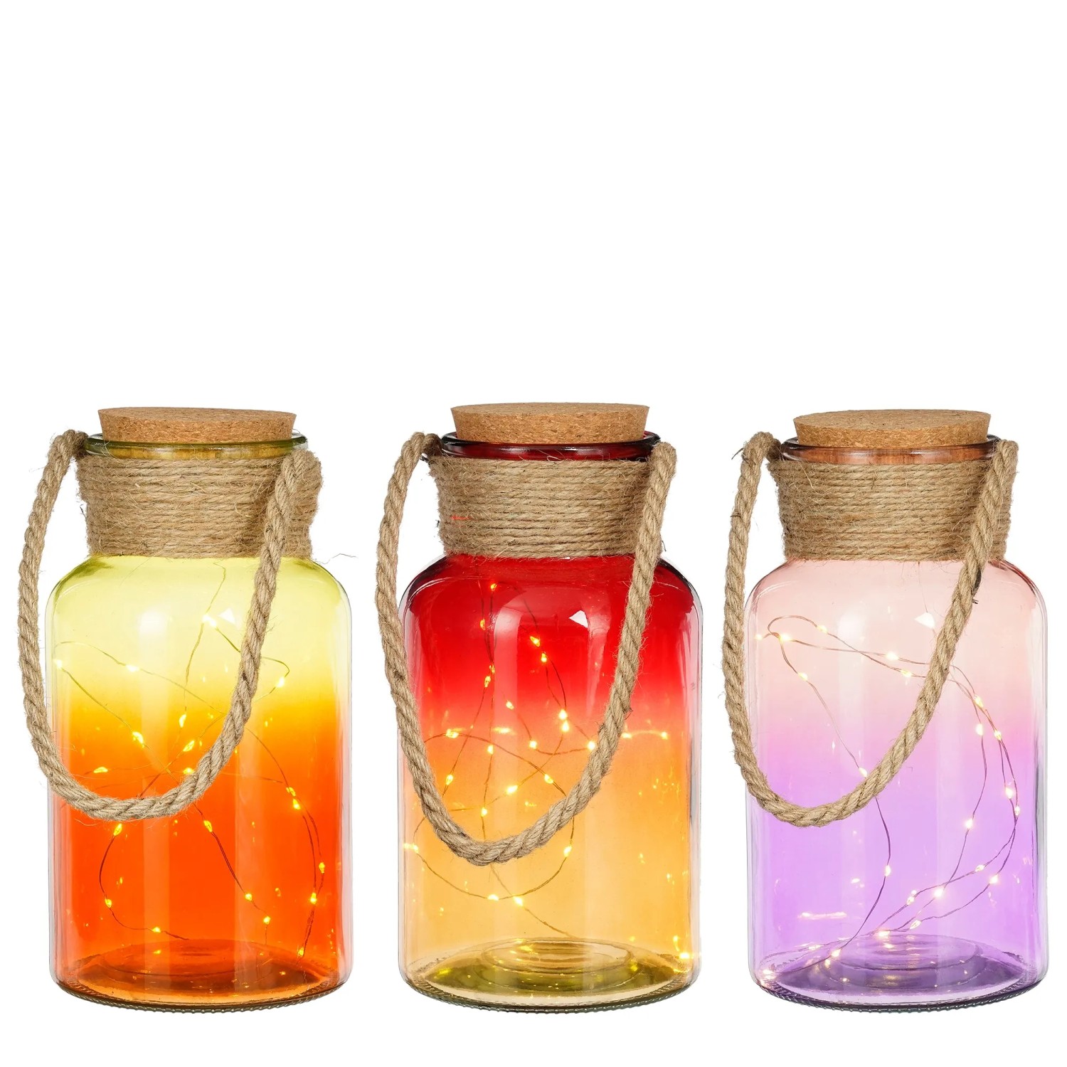 Mica Decorations LED Flasche, bunt sortiert, 27cm hoch. Dekorative Glasflaschen mit Korken und Juteband.