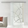 Levidor Glasschiebetür Essen mit satiniertem Glas, abstraktem Muster, Edelstahl-Schiene und Griffmuschel. Modern & platzsparend.