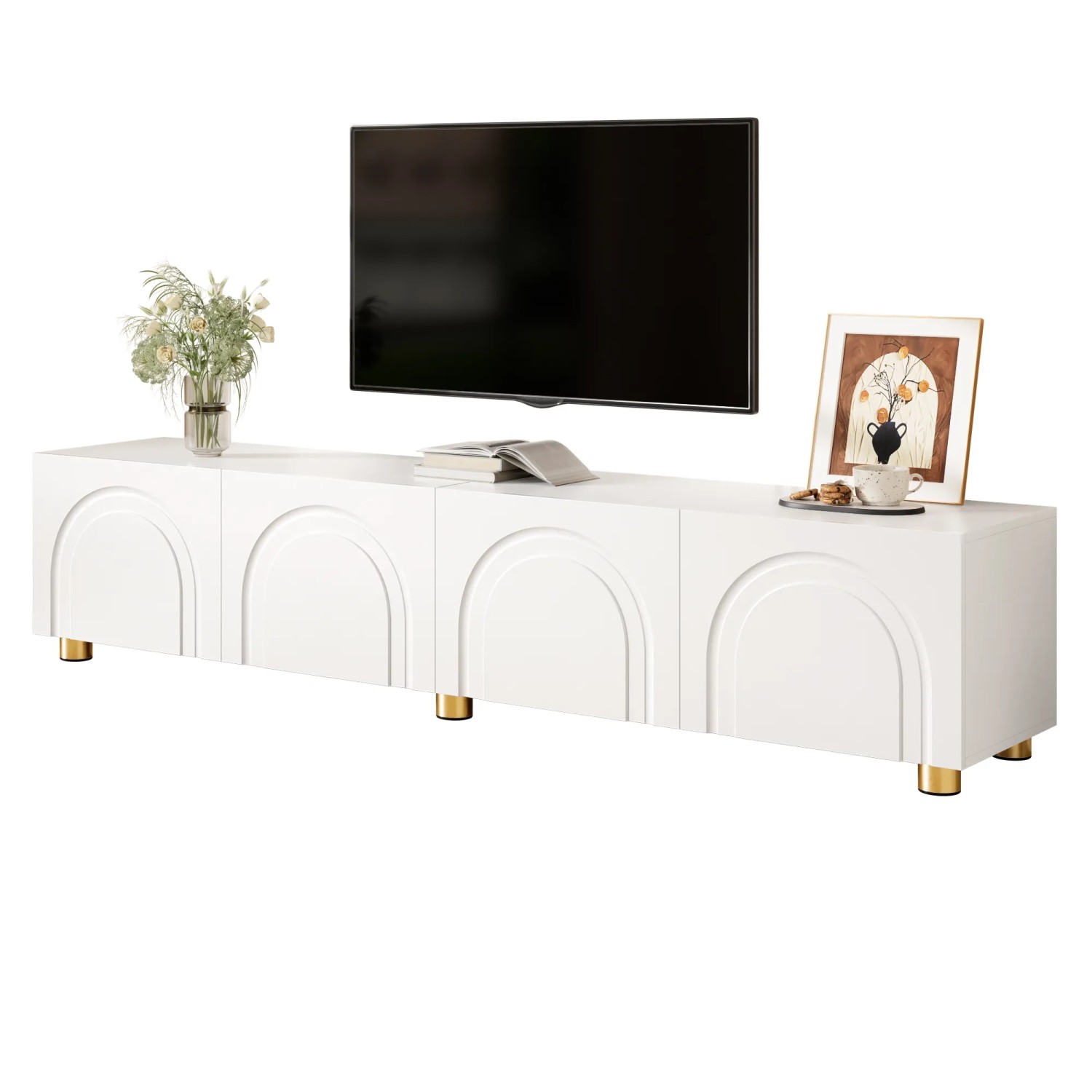 okwish TV-Schrank Lowboard mit Bogenrelief 4 Türen Metallfüße Wohnzimmer 180x35x40cm Weiß_8