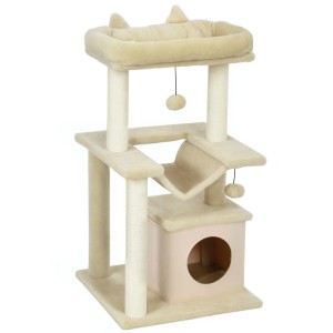PawHut Kratzbaum aus Holz mit beigem Plüsch, Höhle, Hängematte, Bett und Sisalstämmen. Stabiler Katzenbaum.