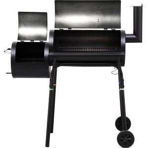 Schwarzer tepro Smoker Wichita Holzkohlegrill mit Thermometer und Rädern.