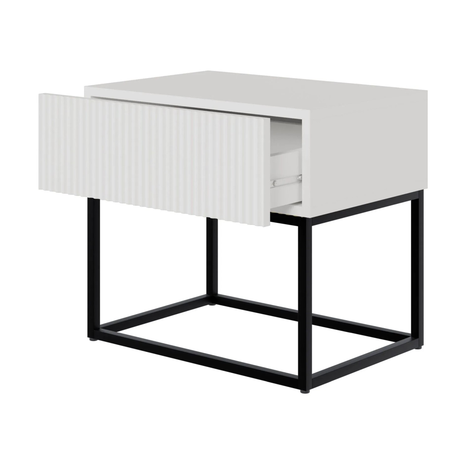 Selsey Veldio Nachttisch 50 cm, weiß mit Rillenfront, offener Schublade und schwarzem Metallgestell.