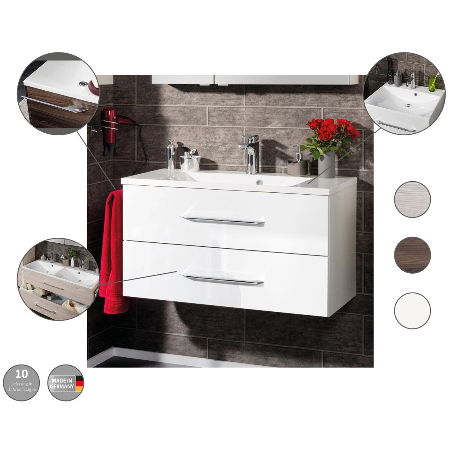 Fackelmann Einzelwaschtisch B.Clever 120 cm Alaska Esche mit zwei Schubladen und Keramikwaschbecken.