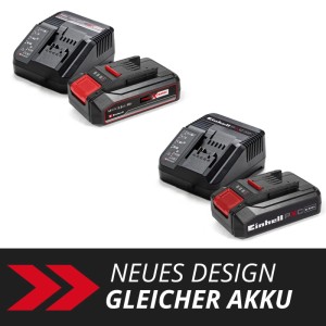 Einhell Power-X-Change Starter Kit mit 18V 2,5Ah Akku und Ladegerät. Zwei Designs, gleicher Akku für Elektrowerkzeuge.
