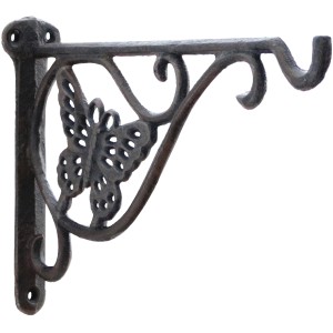 Schwarze Konsole aus Gusseisen mit Schmetterling für Blumenampeln, Gartendekoration.