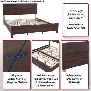 King Size Bett P44 in Walnuss-Optik mit Lattenrost, 180x200 cm Liegefläche.