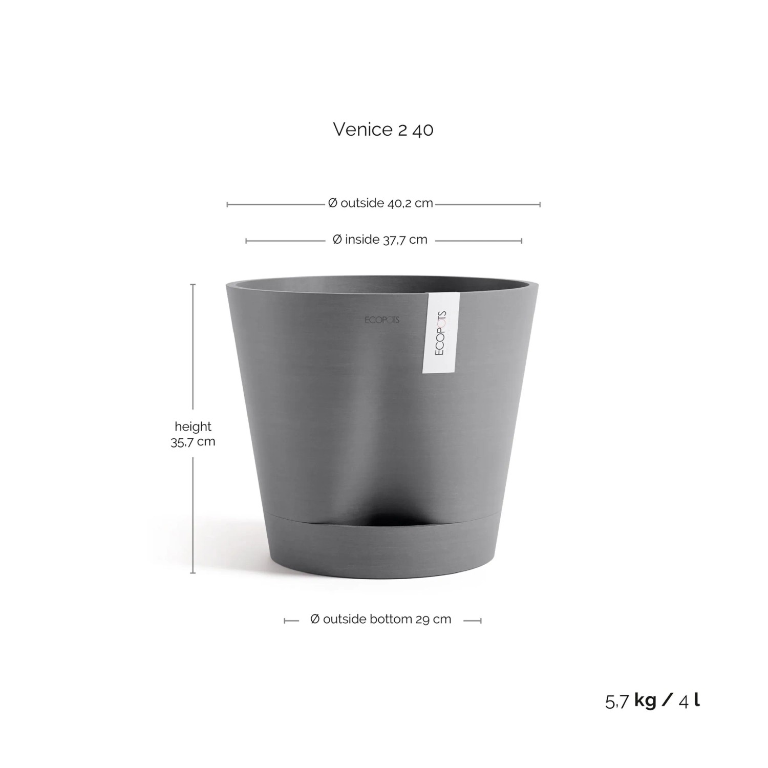Grauer Ecopots Pflanztopf Venice 2 (40 cm) mit Untersetzer. Ideal für Innen- und Außenbereiche.