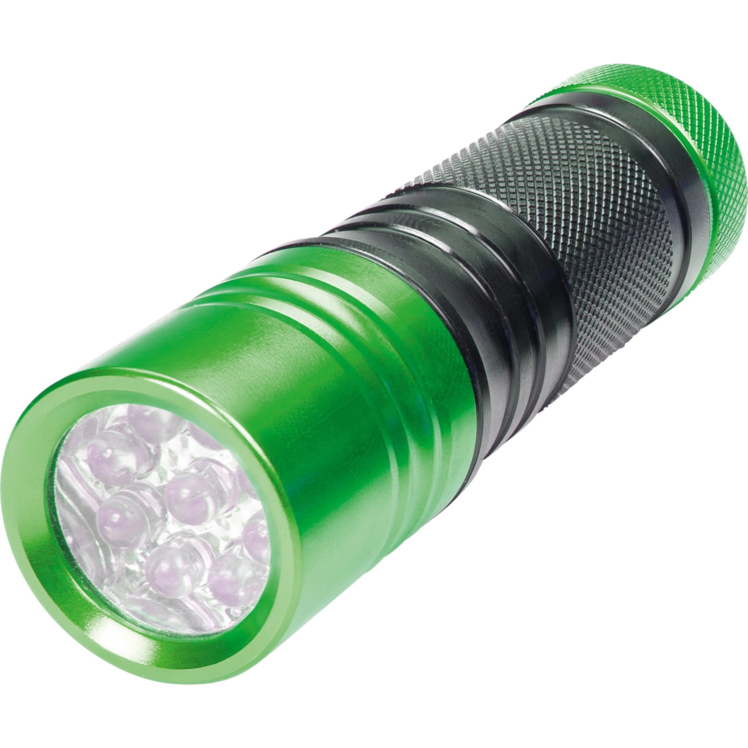 Grüne LED-Handtaschenlampe Smartline aus Aluminium, ideal für unterwegs.