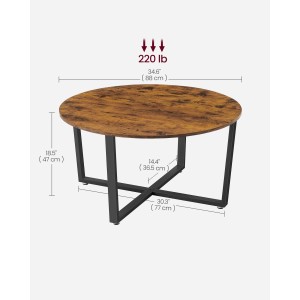 Vasagle Couchtisch, Ø 88 cm, braun-schwarz, mit runder Tischplatte und schwarzem Metallgestell.
