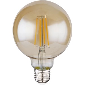 Globo E27 LED Leuchtmittel in Globeform, 7W, warmweiß, goldgetönt für Wohn- und Essbereich.
