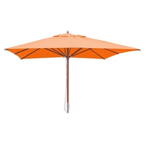 Eckiger Terracotta Holz-Sonnenschirm 4x4m mit Handseilzug und Winddach für Garten & Terrasse.