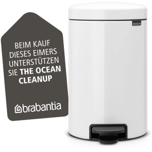 Weißer Brabantia Treteimer NewIcon 12 l mit Pedal und geräuschlosem Deckel. Unterstützt The Ocean Cleanup.