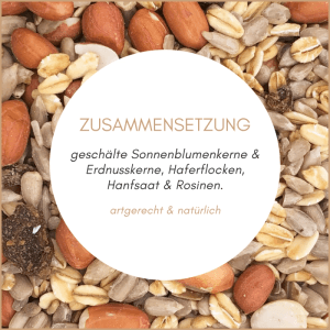 Nahaufnahme von Supravit Wildvogelfutter: Schalenfreie Mischung aus Sonnenblumenkernen, Erdnüssen, Haferflocken, Hanfsaat, Rosinen.