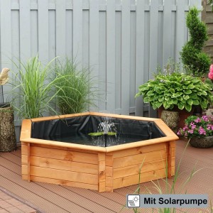 Sechseckiger Promadino Hochteich aus Kiefernholz mit Solarpumpe, Durchmesser 150 cm.